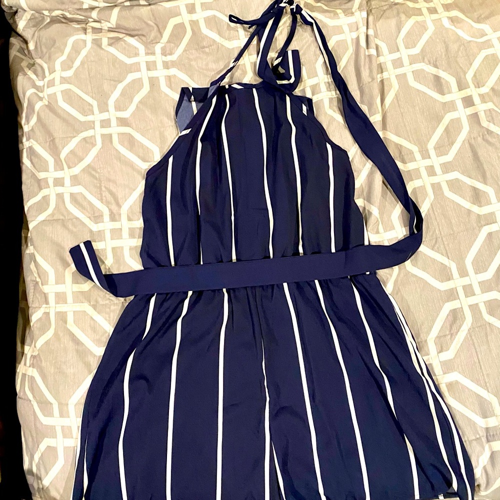 Navy blue and white striped romper